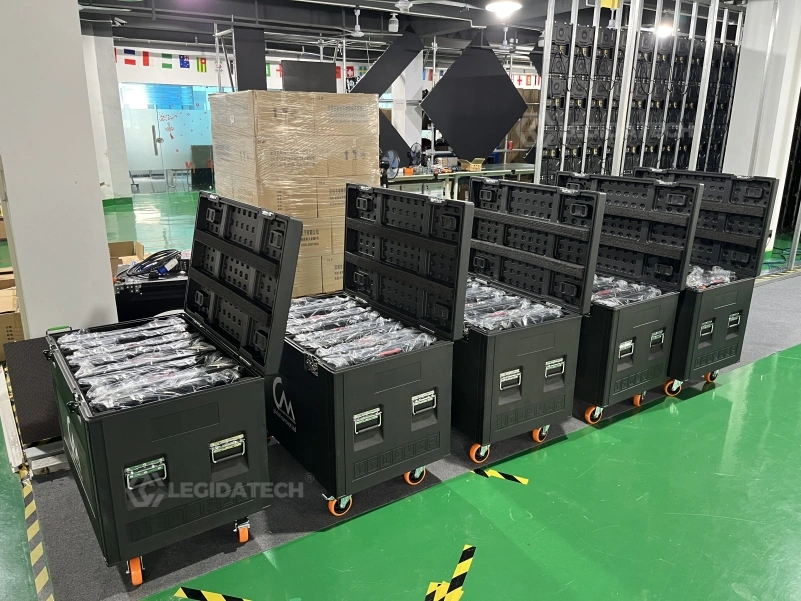 AF500 500x500mm rental LED display cabinets packed in flight cases ready for shipping