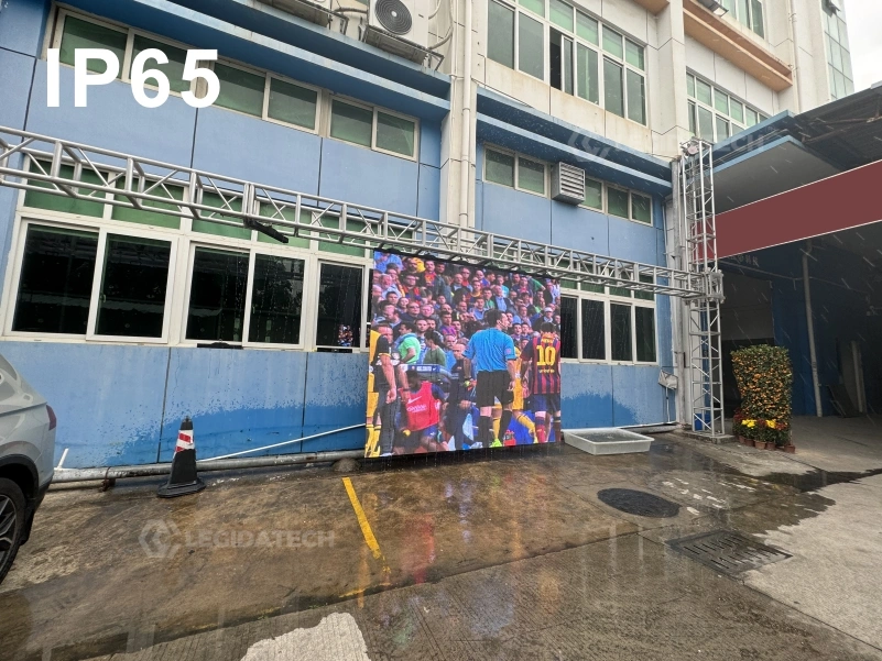 Water spray IP65 test on an AF500 outdoor 500x500mm rental LED display cabinet