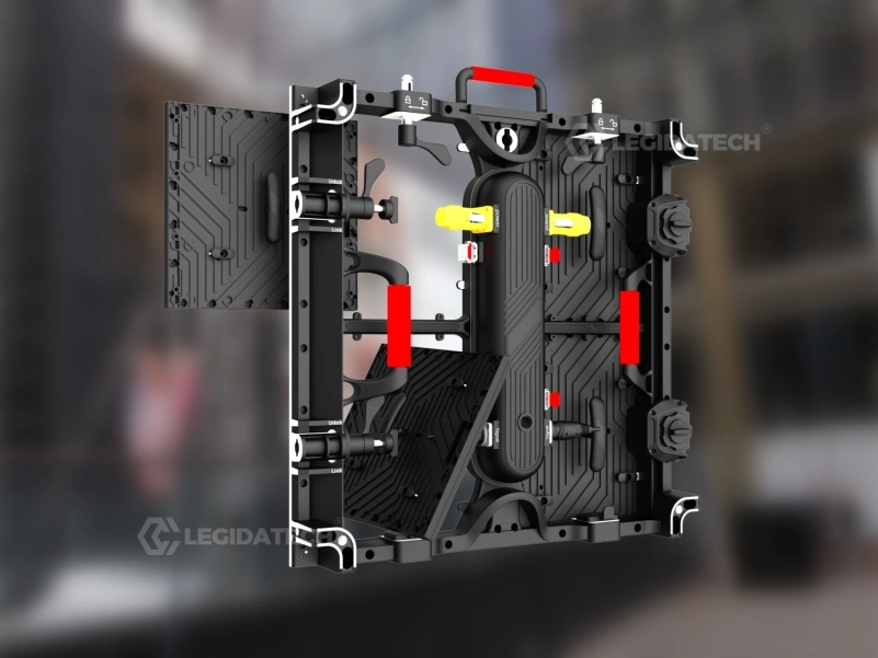 Close-up of the AF500 protective corner guard and bottom anti-collision bump on a 500x500mm rental cabinet