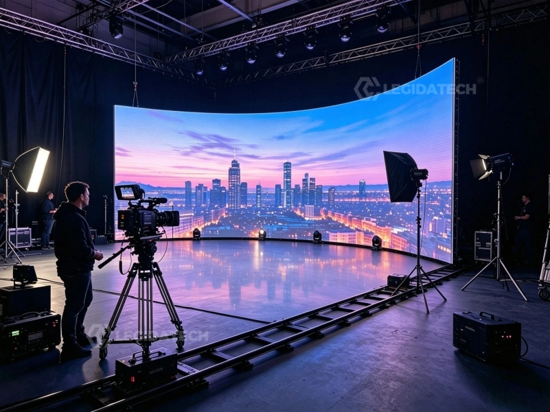 AF500 500x500mm rental LED display wall with half-arc locks set to a gentle concave curve at an event