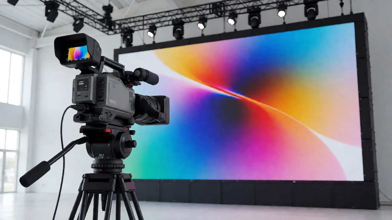 Broadcast camera filming an AF500 500x500mm rental LED display showing a clean image with no scan lines