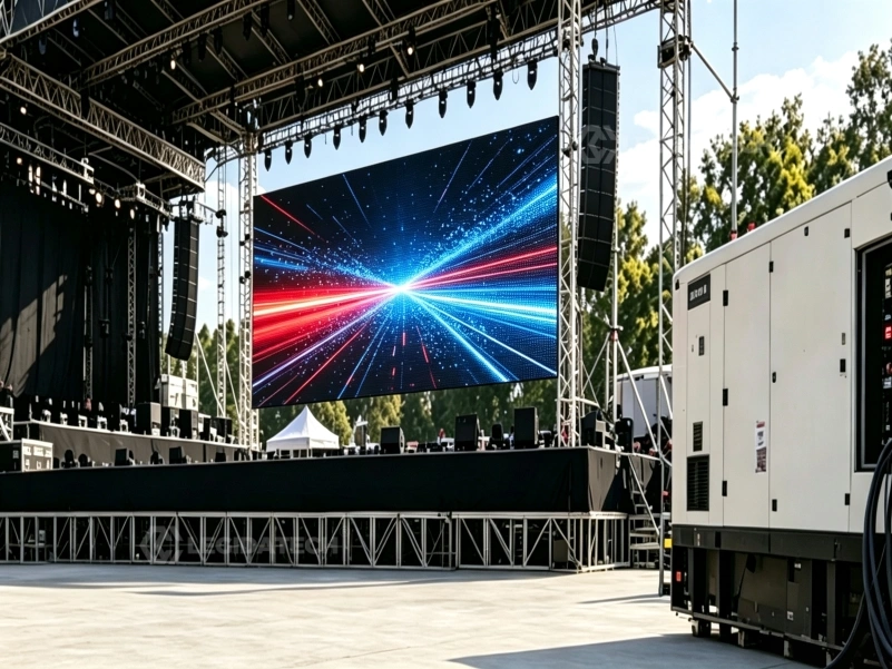 AF500 500x500mm rental LED display wall connected to a standard venue power distribution box at an outdoor event
