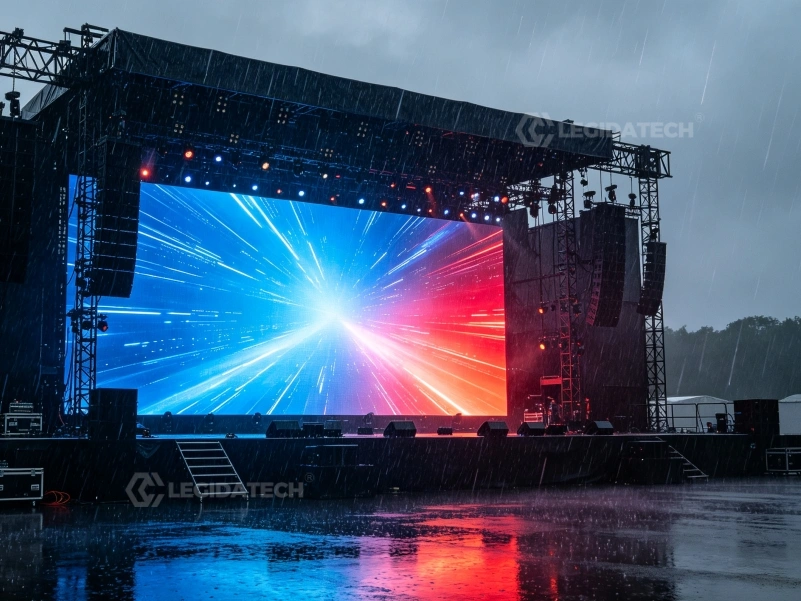 AF500 outdoor 500x500mm rental LED display wall running in heavy rain with IP65 sealed cabinets