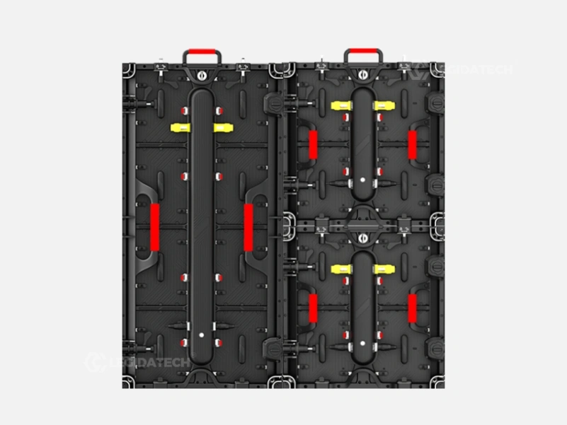 AF500 500x500mm and AF1000 500x1000mm rental LED display cabinets interlocking vertically into one wall