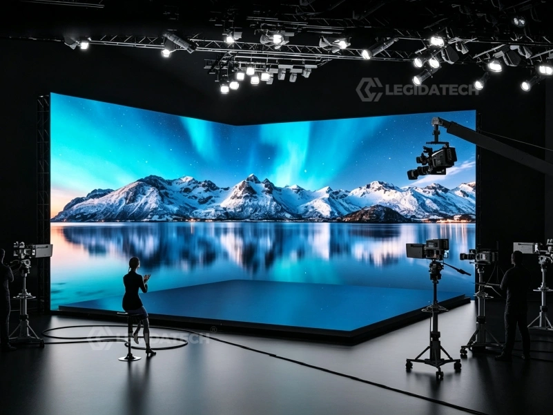 XR virtual production studio with curved AF500 500x500mm rental LED display wall and camera crane
