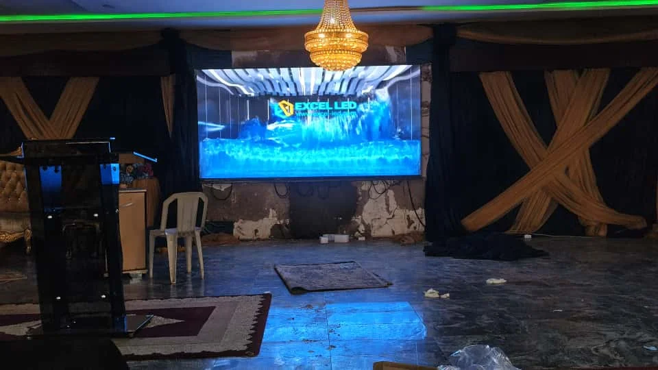 Wide view of the worship hall with the P2.5 church LED screen on the stage wall in Abuja, Nigeria