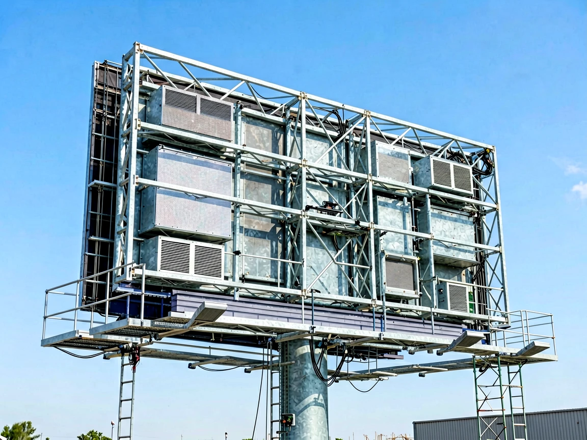 Back view of an outdoor LED billboard showing steel support structure, cabinets and service platforms