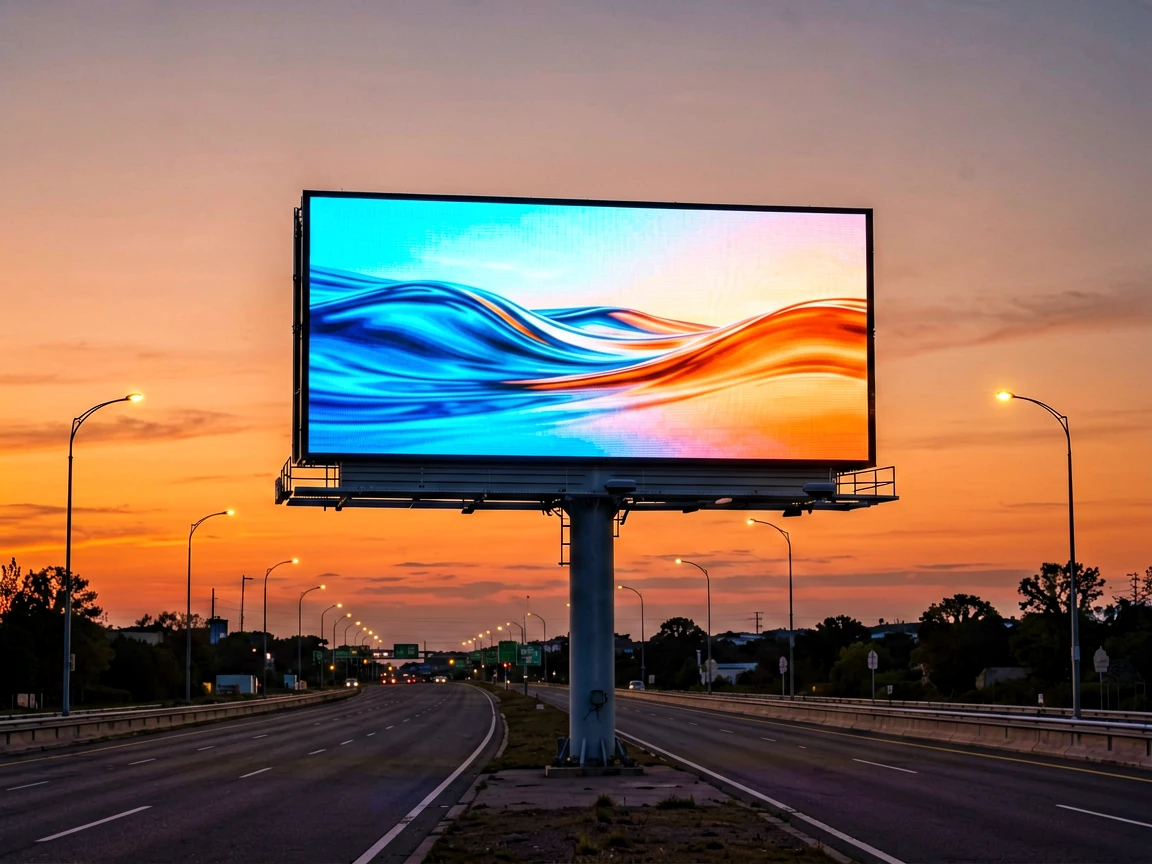 Digital LED billboard on a highway monopole at dusk displaying a colorful abstract advertisement