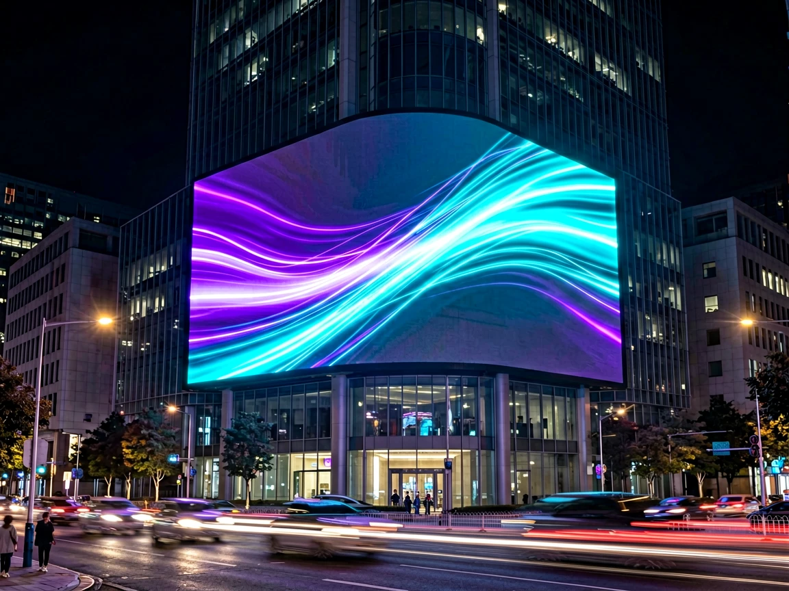 Large curved digital billboard mounted on a city building facade glowing at night