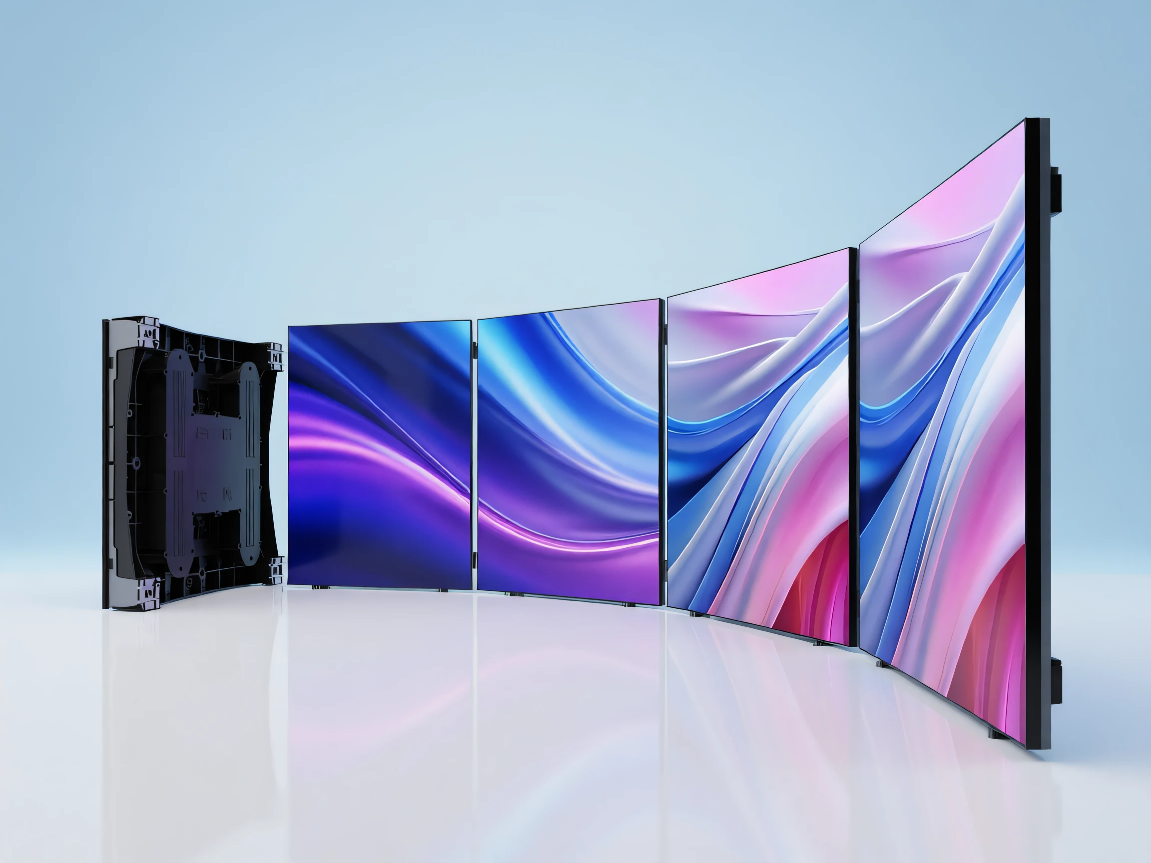 Five EXR series XR stage LED wall cabinets arranged in a gentle concave arc forming a curved LED wall with glowing screens