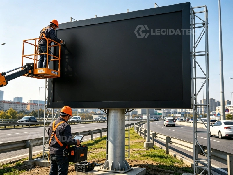 Front-service module replacement on an A1000 1000x1000mm outdoor LED display mounted flush against a building wall