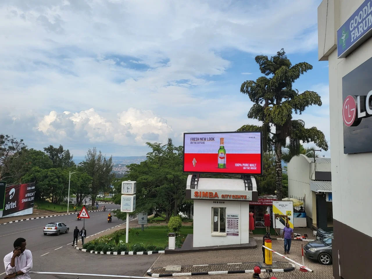 P5 outdoor LED billboard playing an advertisement above the Simba City Centre entrance in Kigali, Rwanda