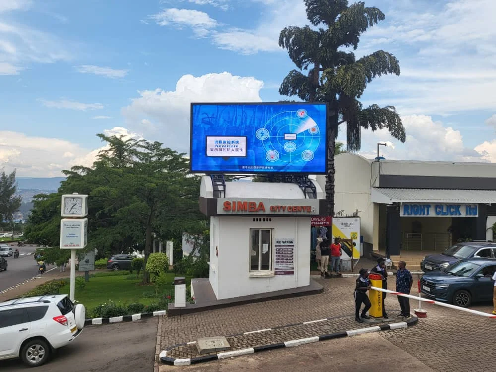 The 5.76 x 2.88 m outdoor P5 LED billboard above Simba City Centre in Kigali, Rwanda, photographed in November 2025