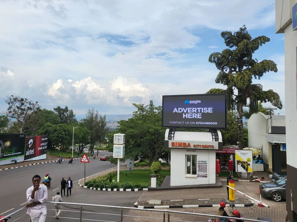 Outdoor LED billboard in Kigali Rwanda showing the operator advertise-here placeholder frame
