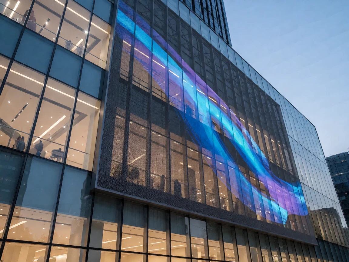 A large glass curtain wall on a shopping mall covered by a coarse-pitch transparent LED mesh screen displaying an abstract blue and purple graphic