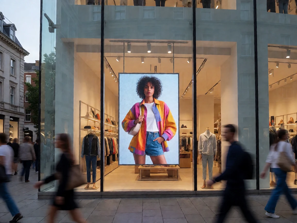 A transparent LED screen mounted on a retail storefront glass at dusk with merchandise and warm lighting visible through the open areas of the display