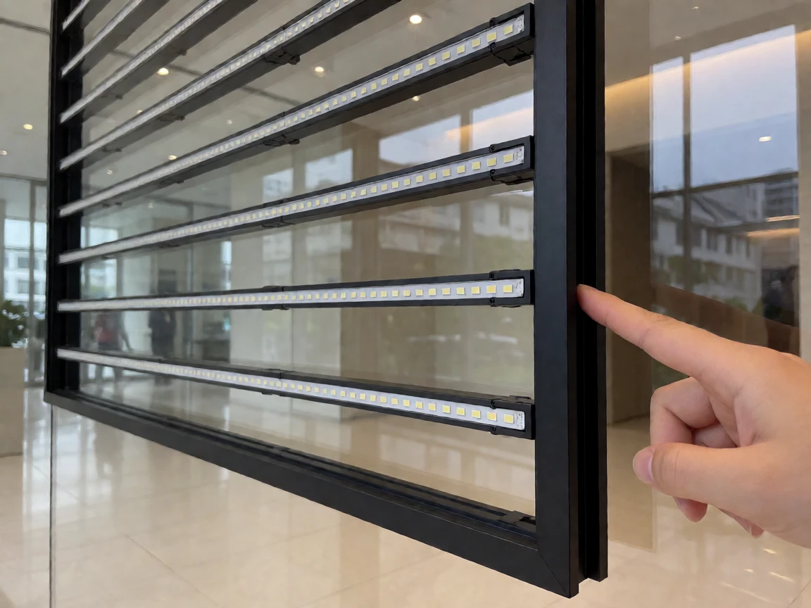 Close-up of a strip-type transparent LED panel with thin LED light bars in slim aluminum frames and open transparent gaps between them