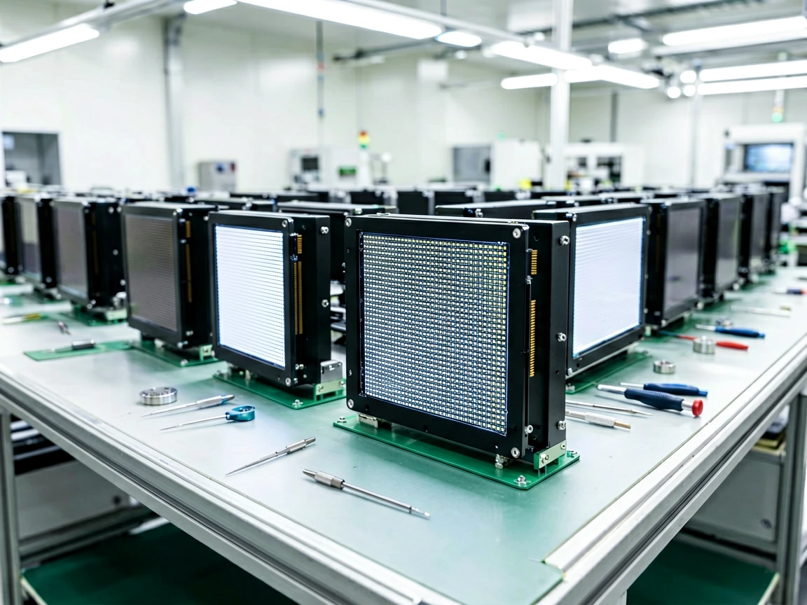 Fine-pitch LED display cabinets lined up on a factory production bench with calibration equipment