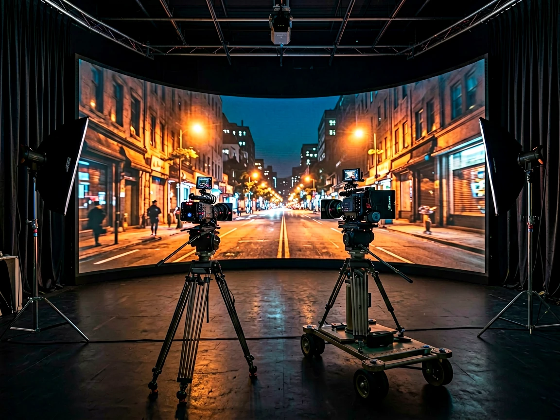 A curved virtual production LED wall in a dark film studio displaying a night city street scene with cinema cameras in the foreground