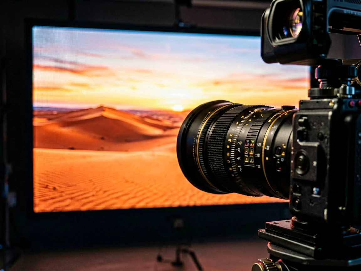 A cinema camera lens in the foreground of a fine-pitch LED screen showing a desert sunset scene