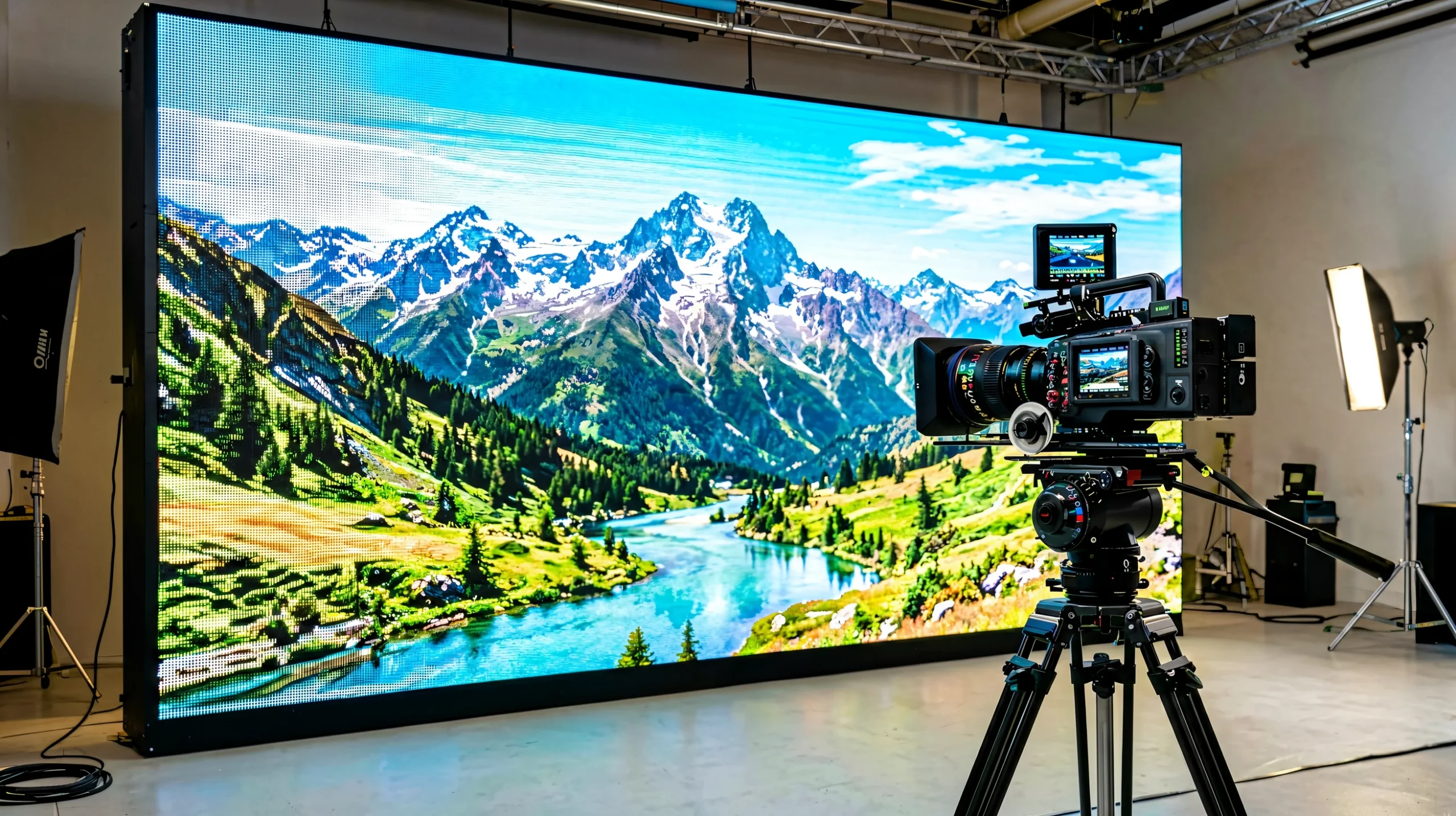 Cinema camera filming a fine-pitch LED wall — camera-to-wall distance determines the pixel pitch