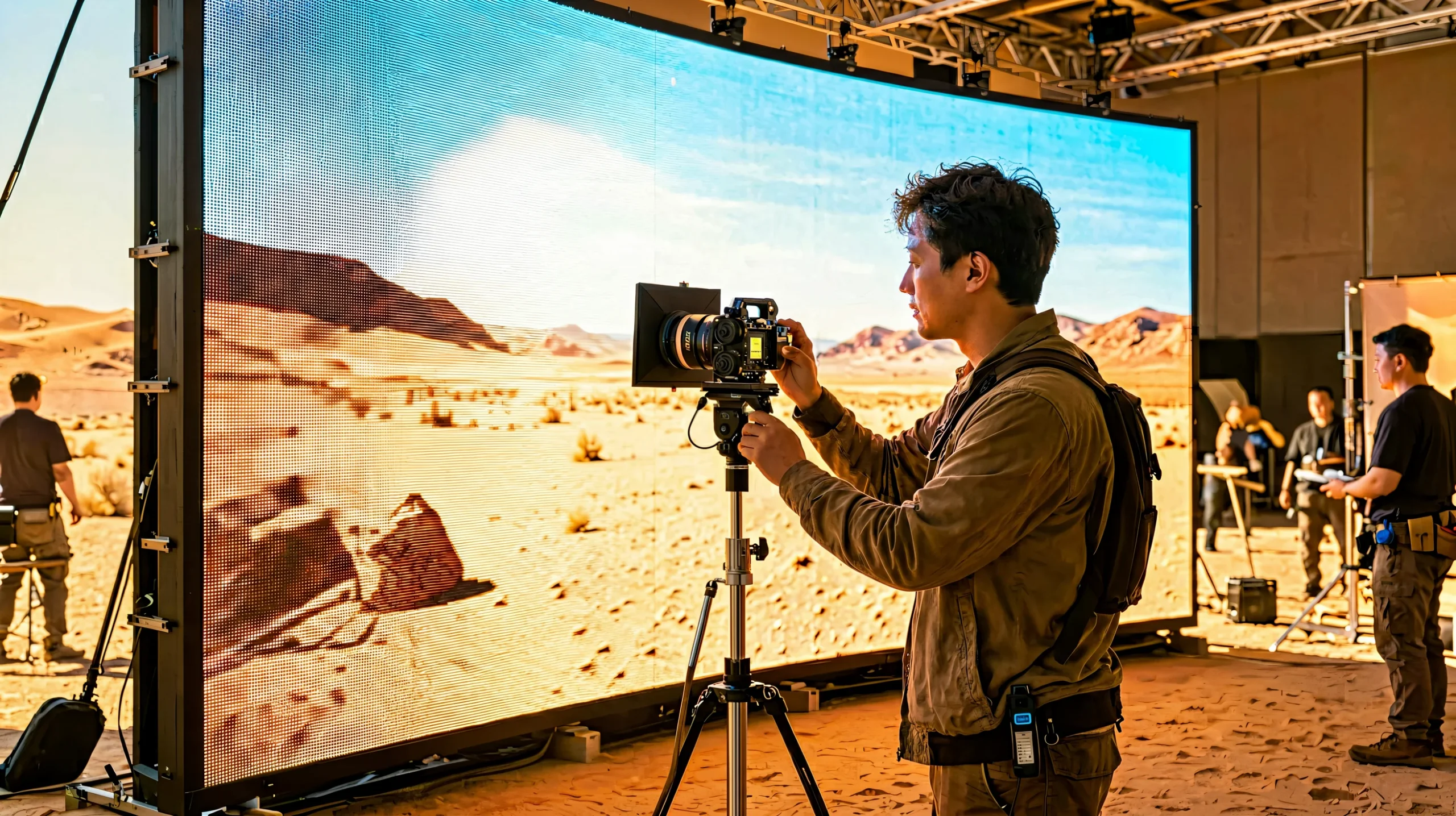LED wall brightness illuminating an actor on a film set