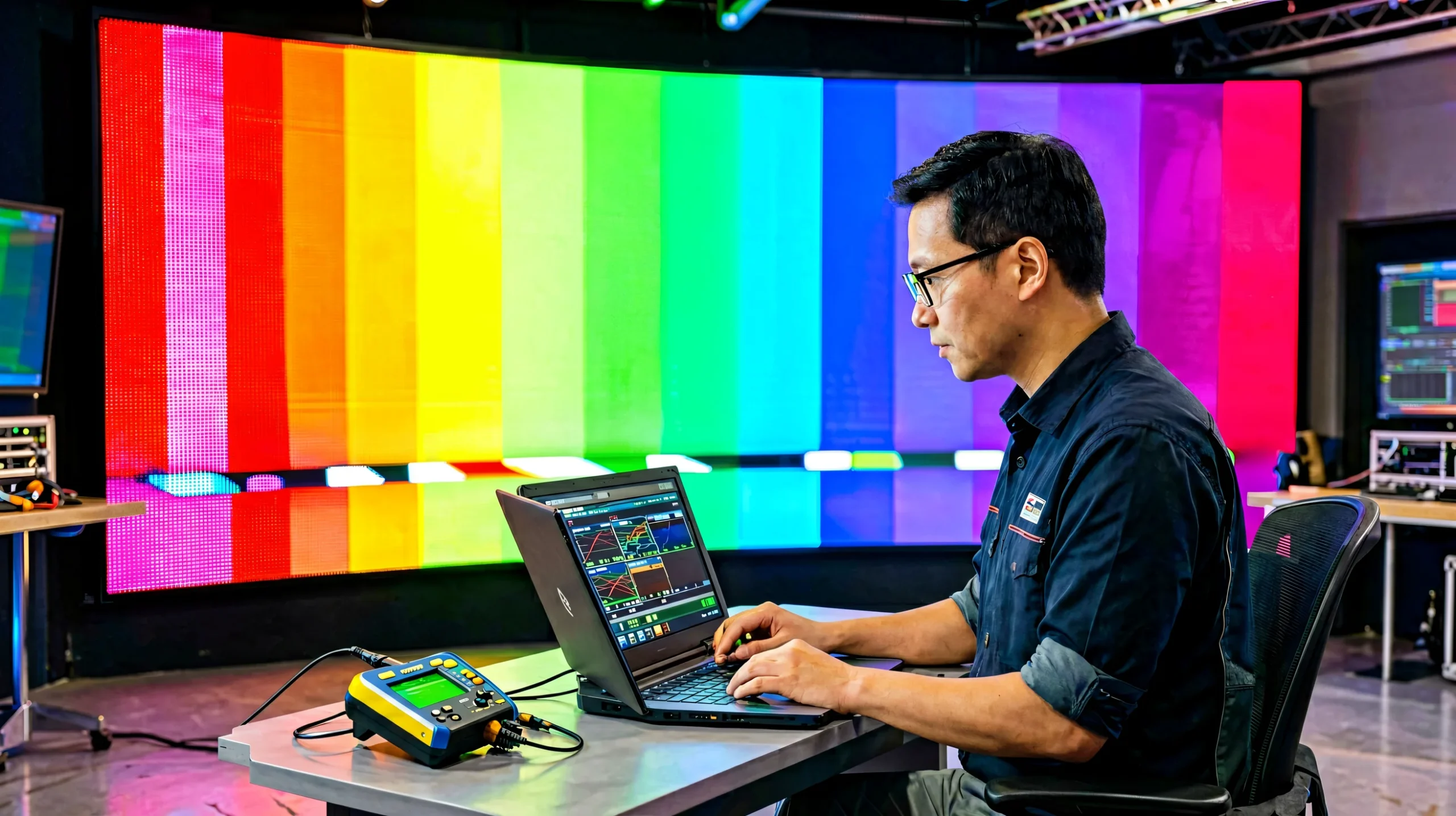 Engineer calibrating LED wall color with colorimeter and gradient test bands