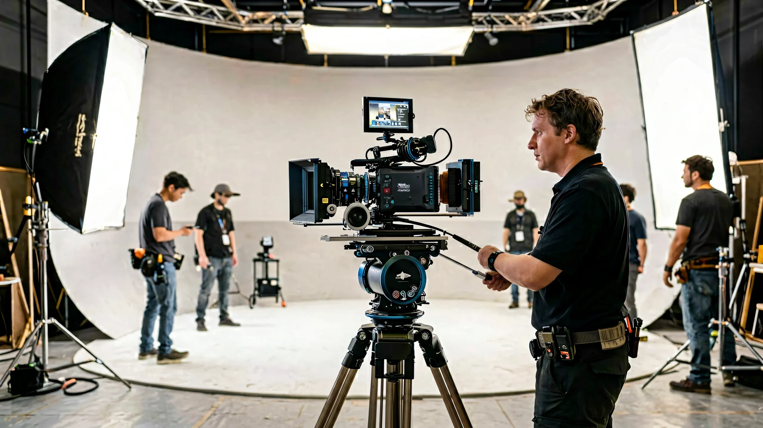 Tracked cinema camera filming inside a curved LED volume