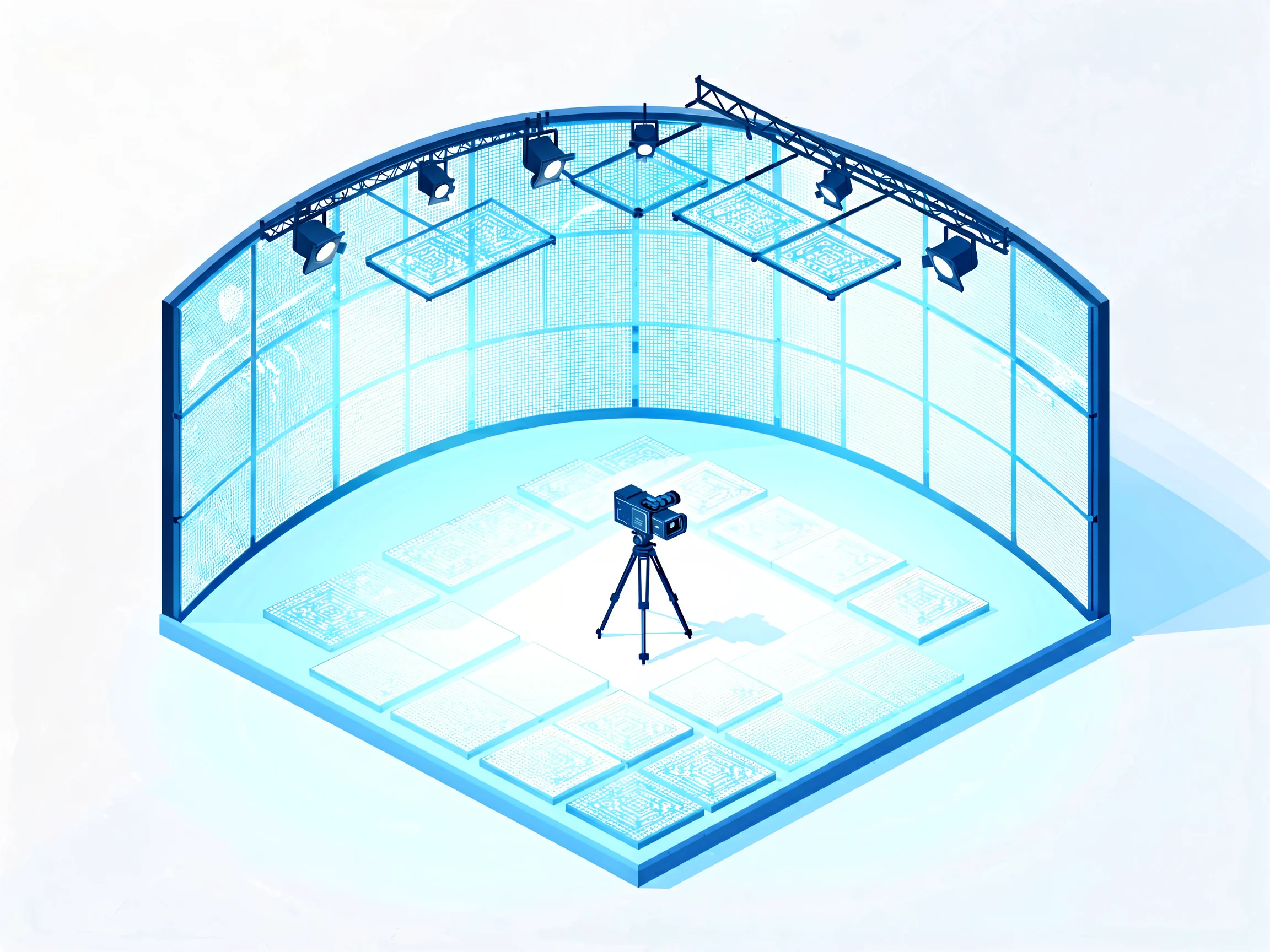 Isometric diagram of a virtual production LED volume: curved main wall, ceiling LED panels, LED floor and camera position