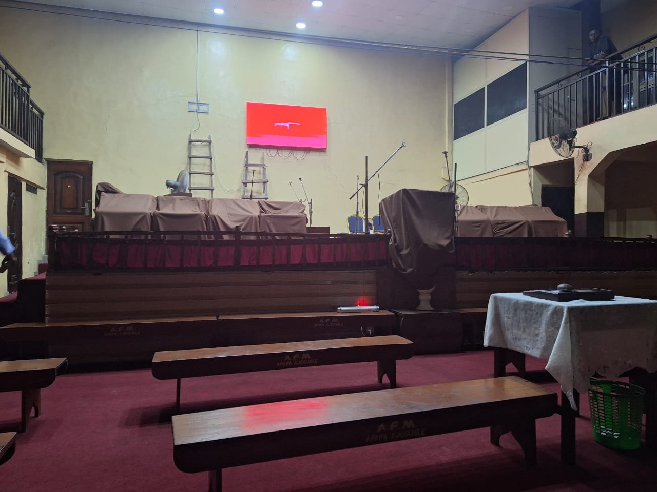 Photo from the project site: wide view of the Apostolic Church sanctuary in Apapa, Lagos with the 1.92 x 0.96 m P2.5 LED screen on the front wall