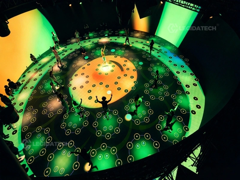 Overhead view of a 500x500mm interactive LED dance floor built from modular cabinets