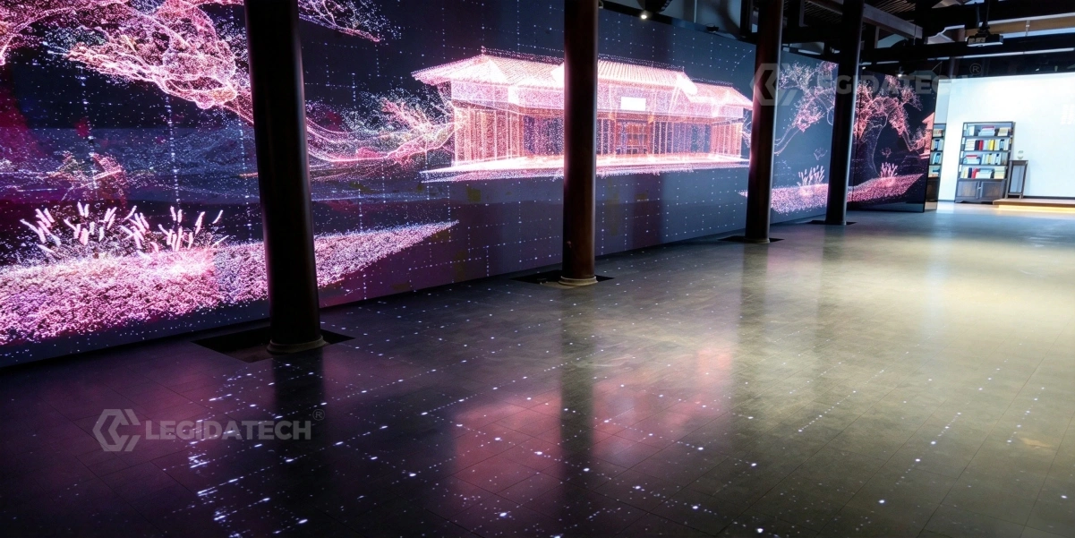 The same die-cast cabinets installed as floor and vertical wall surfaces