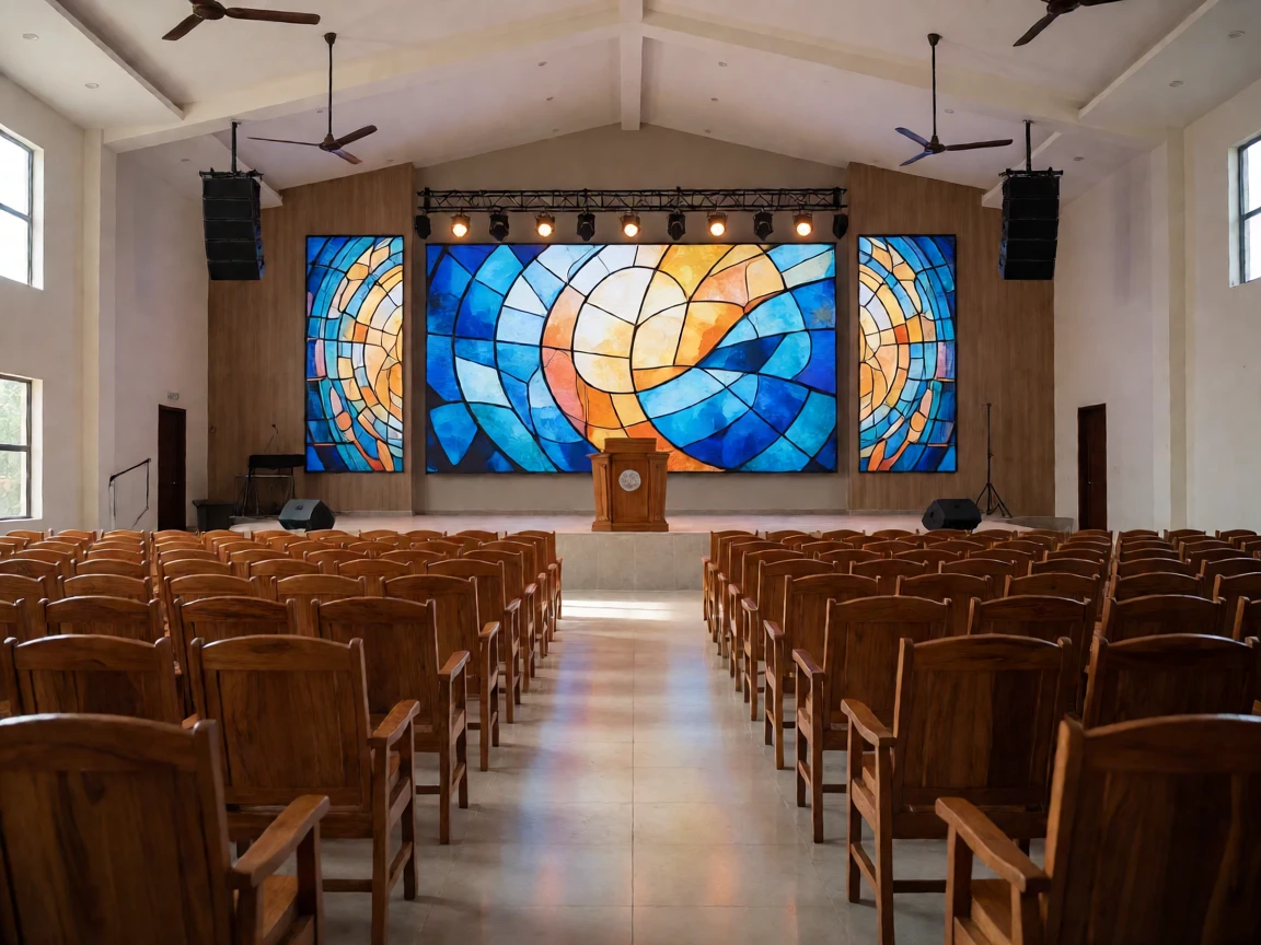 A P2.5 indoor LED video wall behind the pulpit of a modern Nigerian church auditorium