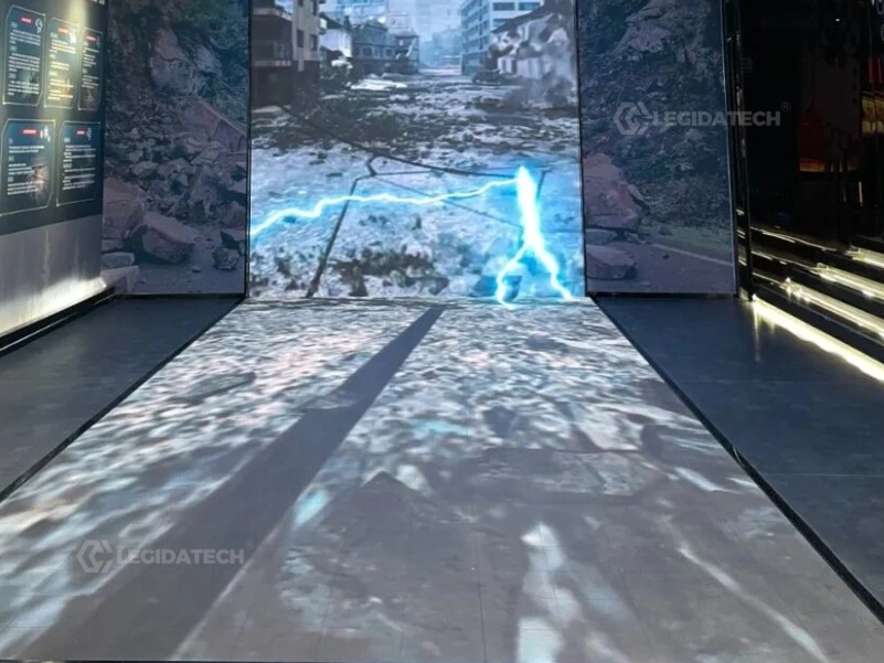 500x1000mm sheet-metal LED floor tile cabinets mounted vertically as LED wall surfaces beside an interactive floor