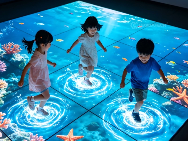 Visitors walking on a 500x1000mm interactive LED floor tile screen with ripple effects following their footsteps