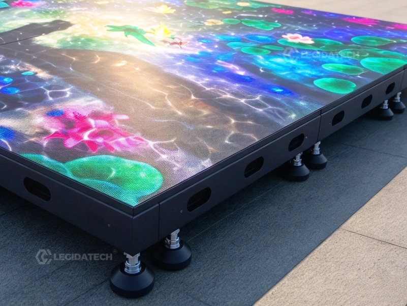 Close-up of flush seams between 500x1000mm LED floor tile cabinets installed on an outdoor plaza