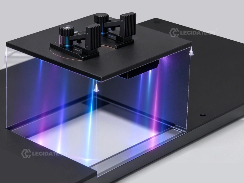 Underside render of the 500x1000mm LED floor tile screen cabinet showing the laser sensing module