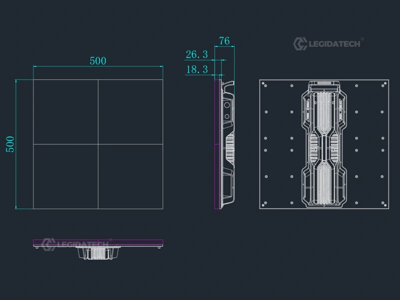Cross-section of the 500x500mm aluminum-base floor tile screen cabinet showing layered structure