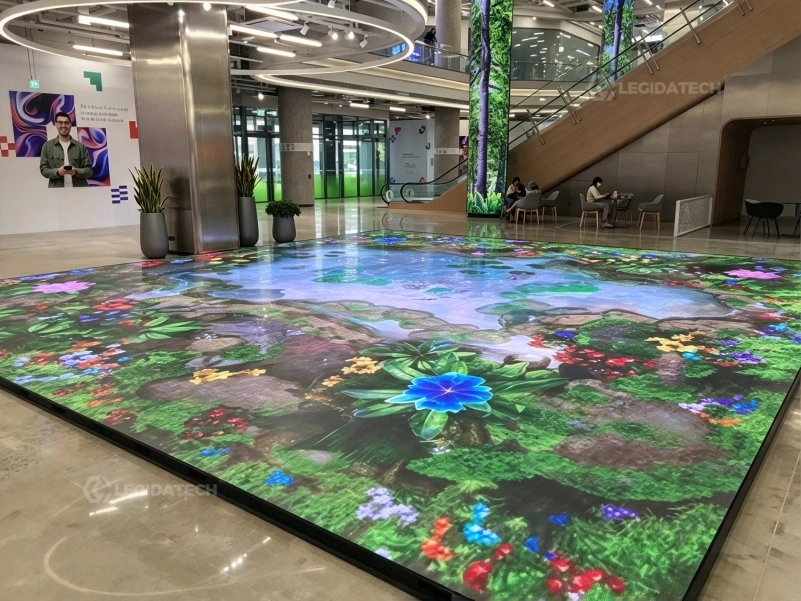 90 sqm interactive LED floor tile screen in an LG retail atrium in Indonesia