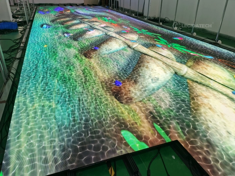 P3.9 interactive floor tile screen responding to footsteps in a 120 sqm showroom project