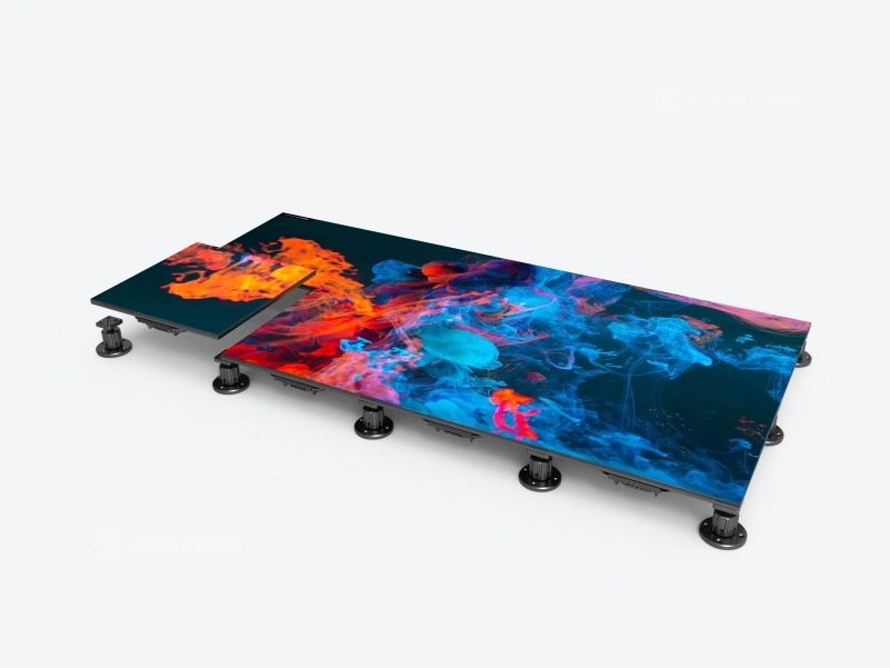 Adjustable leveling feet under a 500x500mm LED floor tile screen cabinet