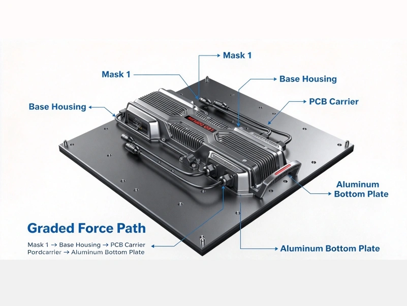 Load path illustration of the patented force-distribution design in a 500x500mm floor tile screen