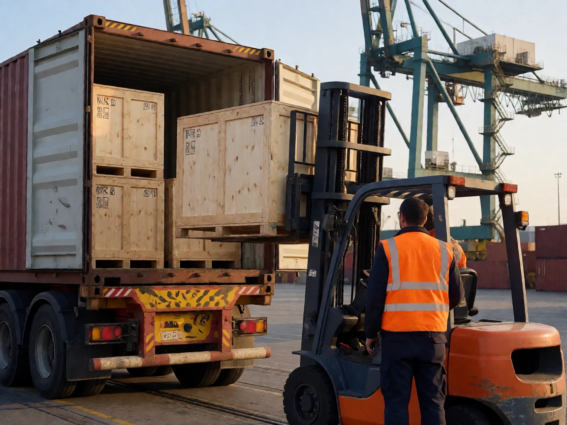 Wooden-crated LED display cabinets being loaded into a shipping container at a port terminal