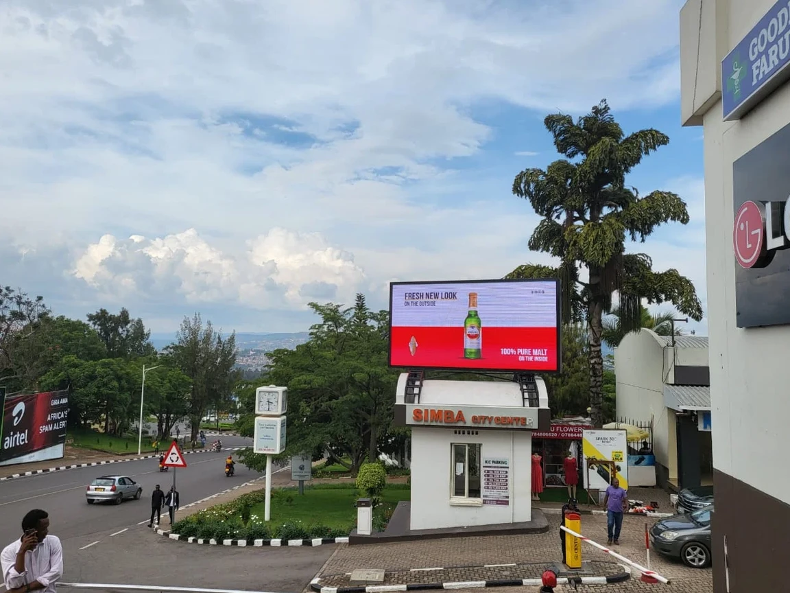 P5 outdoor LED billboard above a commercial building in Kigali, Rwanda, East Africa