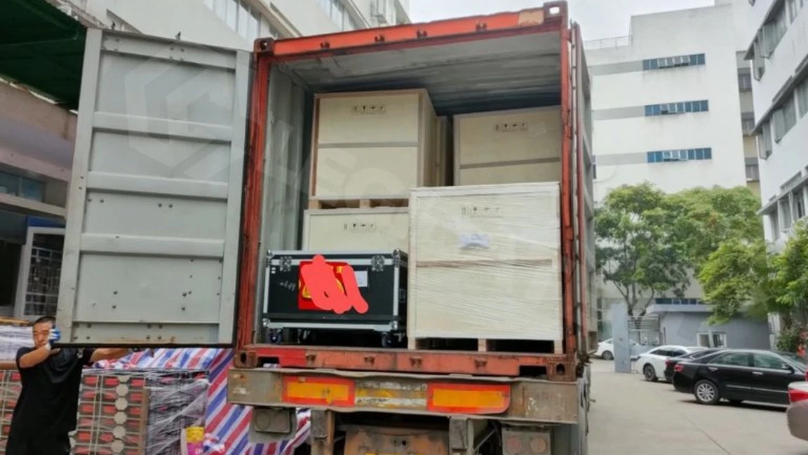 Plywood crates and flight cases loaded into a container for sea freight from China to Manila