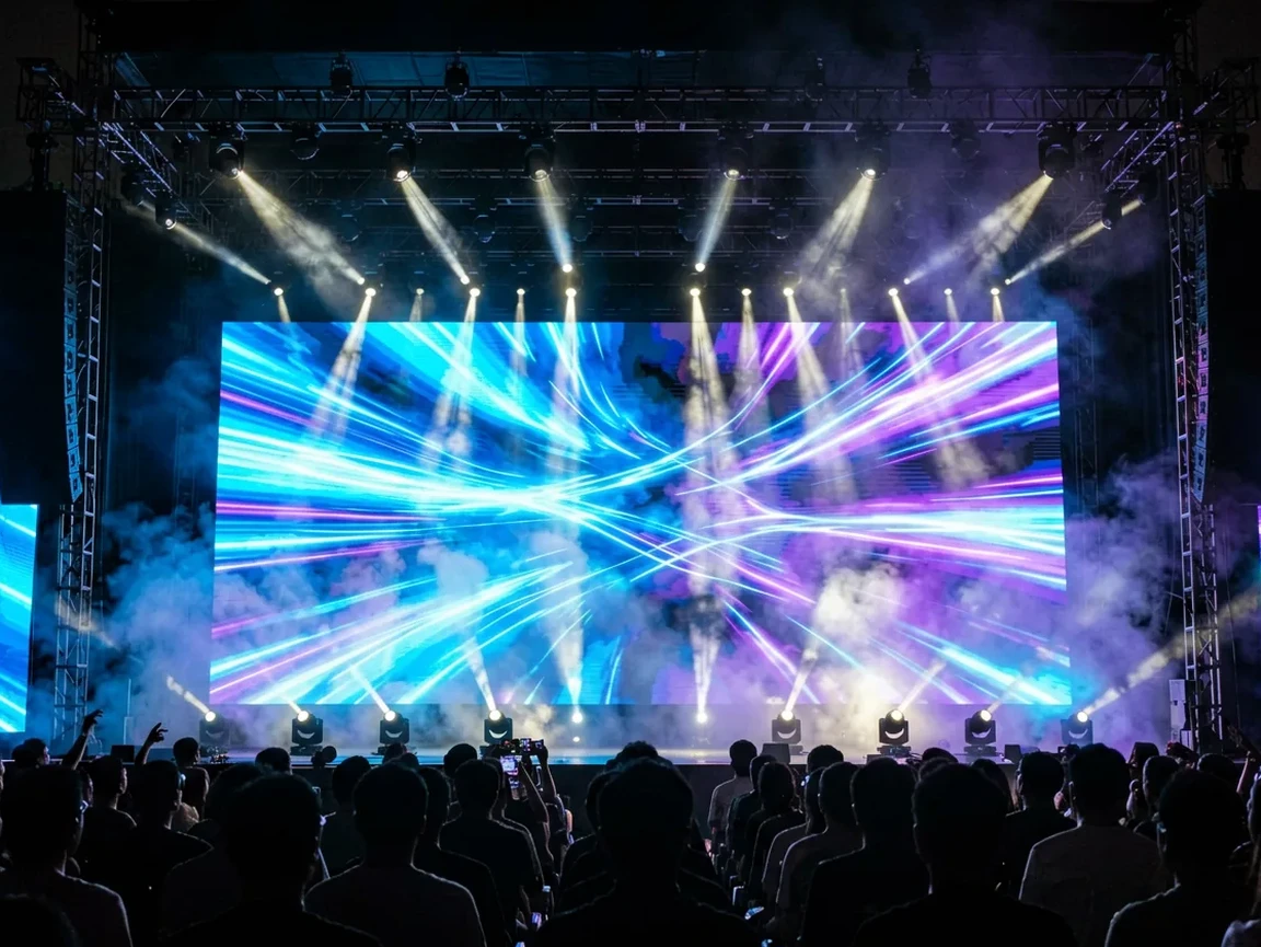 Rental P3.91 LED video wall on a concert stage with lighting and a live audience