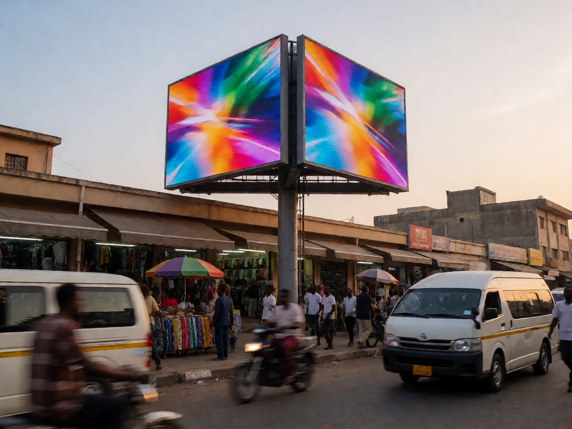 A double-sided outdoor LED billboard above a busy Nigerian commercial street at dusk