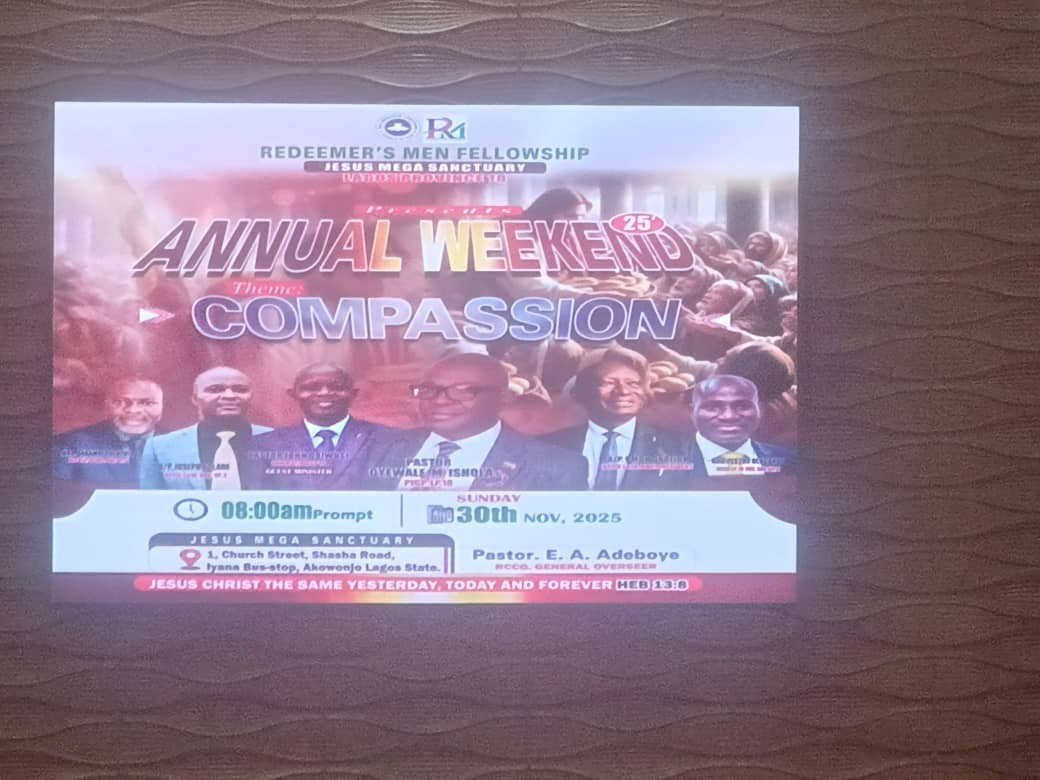 Photo from the project site: the Ehonor P2.5 church LED screen at RCCG Jesus Mega Sanctuary in Akowonjo, Lagos displaying the Annual Weekend 2025 event announcement
