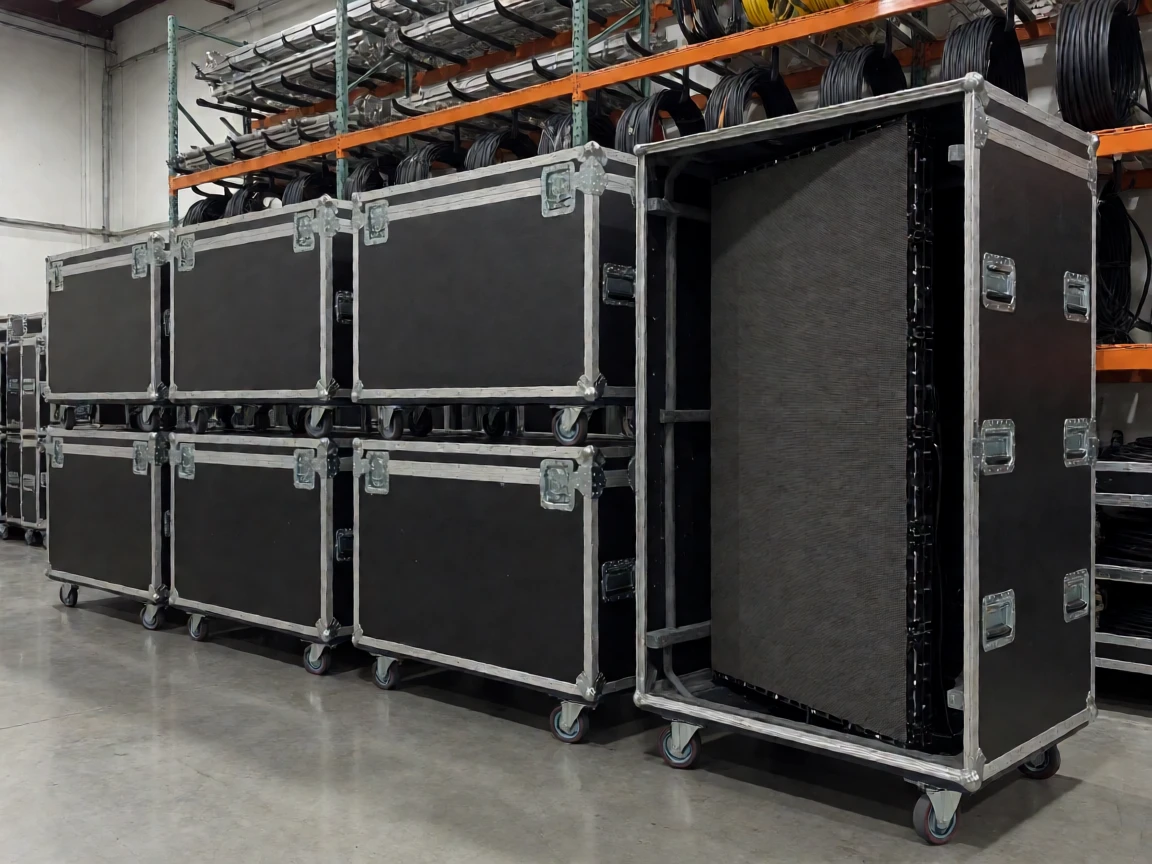 Stacked LED screen flight cases in an event-production warehouse with one open case showing a rental LED wall panel
