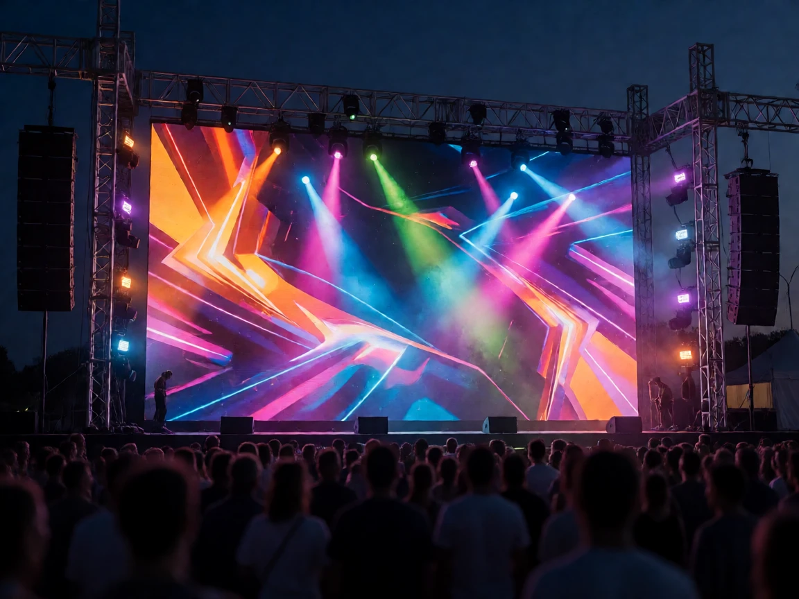 A large rental LED video wall serving as the backdrop of an outdoor festival stage at night